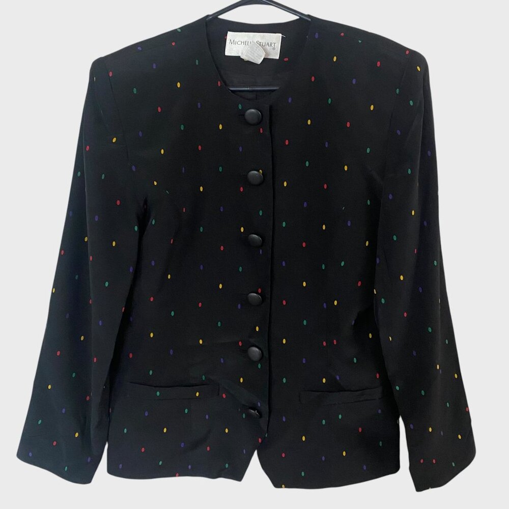 Vintage Michelle Stuart Silk Button-Up Jacket Women's 6 Polka Dot Shoulder Pads